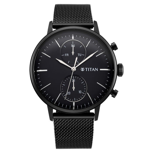 Titan Light Leathers Quartz Multifunction Black Dial Black Stainless Steel Strap Watch for Men - NR90135NM01