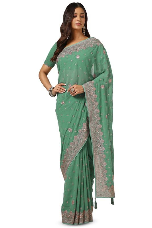 Soch Womens Light Green Georgette Embroidered Saree With Stone Work