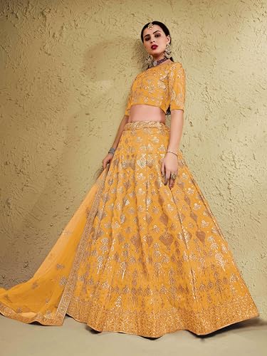 Zeel Clothing Women's Silk Semi-Stitched Thread Sequins Embroidery Bridal New Lehenga Choli with Dupatta (7055-Yellow-Wedding-Bridal-Stylish-Latest; Free Size)