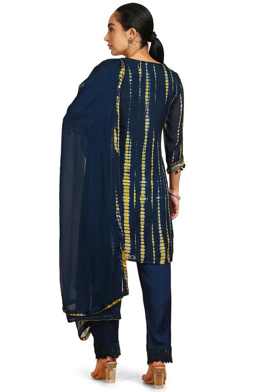 Soch Womens Blue Abstract Print Chinon Suit Set with Faux Mirrors & Sequins
