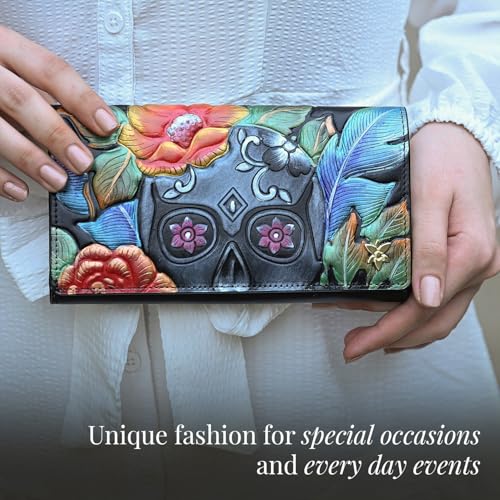 Anuschka Women’s Leather Wallet – Hand-Painted Genuine Leather Wallet with RFID Protection - 1150, Midnight Calavera