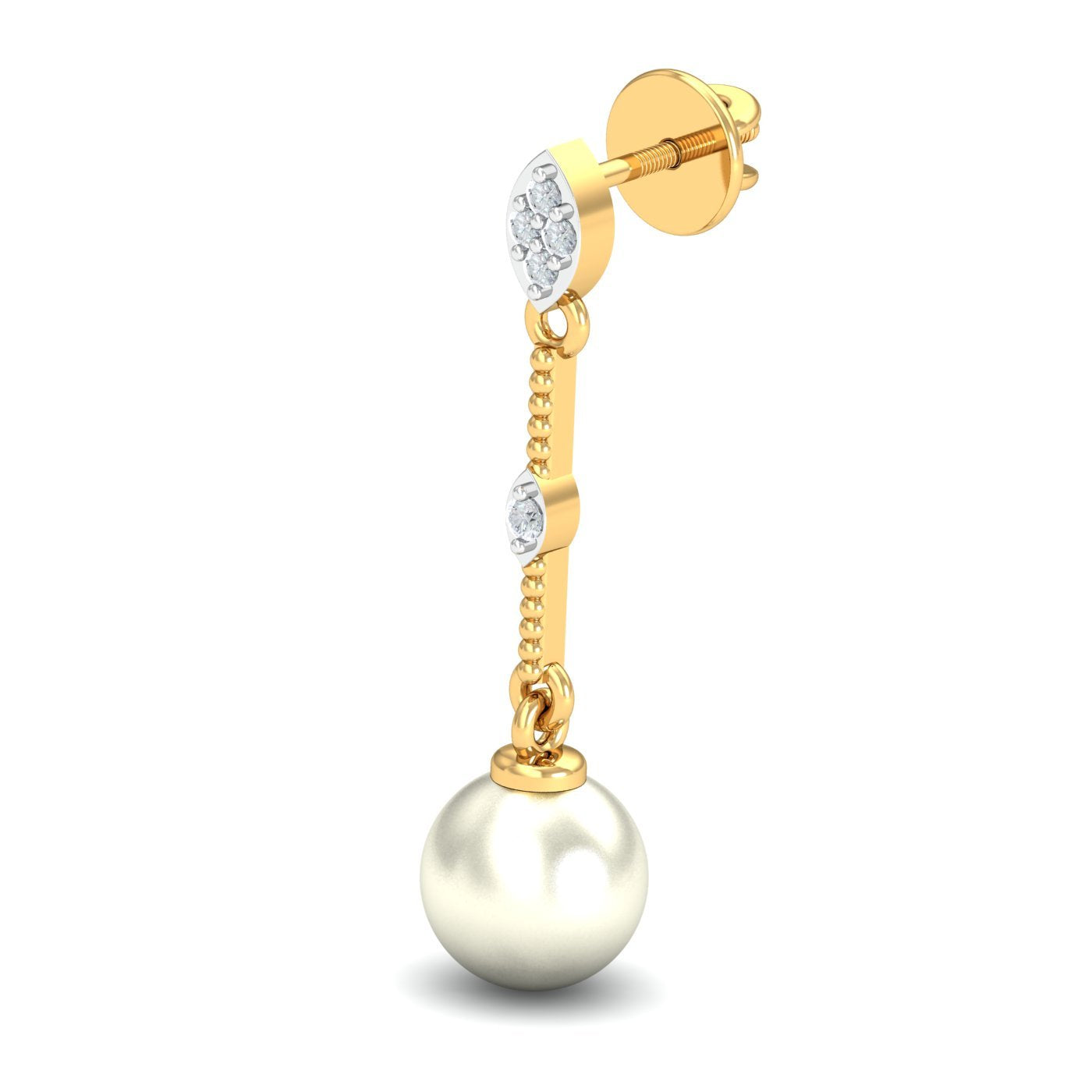 KuberBox 14KT Yellow Gold Diamond Dangling Pearl Drop Earrings for Women