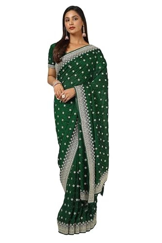 Soch Womens Green Tussar Embroidered Saree With Stone Work