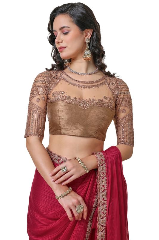 Soch Womens Maroon Striped Chiffon Saree with Zardosi Lace