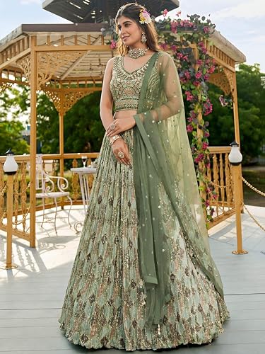 Zeel Clothing Women's Chinon Silk Embroidered Mirror Work Lehenga Choli with Dupatta (114-Green-Women-Lehenga-Choli-Set; Free Size; Green)
