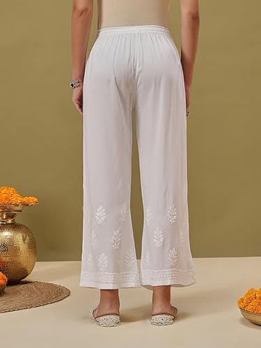 Ada Lucknowi Chikankari Hand Embroidered Rayon Wide Leg Pant Palazzo for Women A711200 White (S)