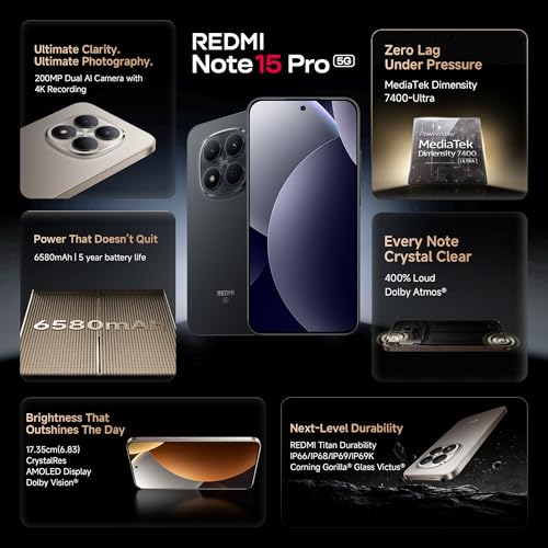 REDMI Note 15 Pro 5G (Carbon Black, 8GB+256GB) | 200MasterPixel OIS Camera | Dimensity 7400-Ultra | 17.3cm CrystalRes AMOLED Screen | IP66/68/69/69K | Mega 6580mAh Si/C Battery | 45W Fast Charging