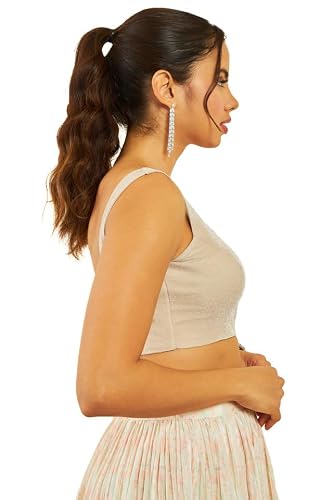 Soch Womens Beige Net Shimmery Scoop-Neck Back-Open Sleeveless Blouse