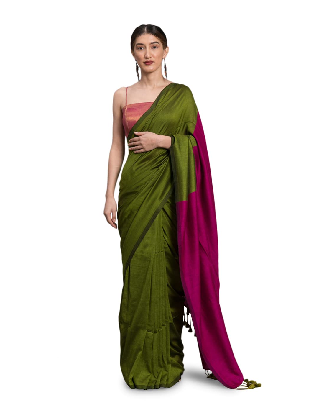 Suta Women's Plain Cotton Blend Saree with Blouse Piece | Dual Tone Saree | Green Saree | Pink Saree