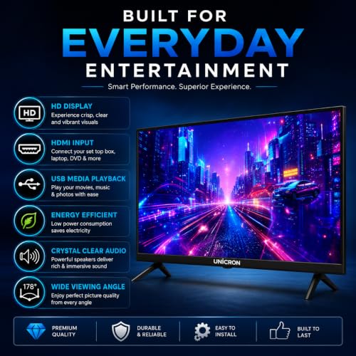 UNICRON 24 Inch HD LED TV Non Smart 20W Sound Output, Premuim Slim Design Crystal Clear Display with HDMI & USB Ports, Ideal for Home, Office & Monitor Security More(Black)