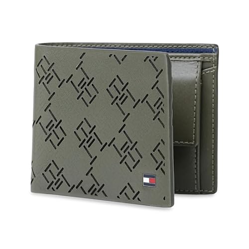 Tommy Hilfiger Men's Leather Wallet Strovolos | Laser-Detailed Olive Bi-Fold with Global Coin Pocket | Stylish Purse for Gents