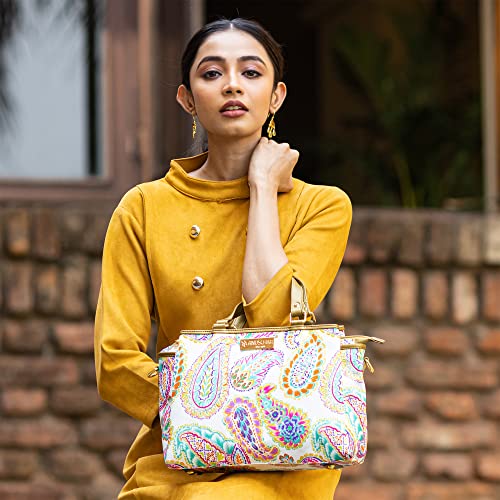 Anuschka Multicompartment Satchel - Wanderlust Collection - Nylon Fabric with Genuine Leather Trim and Artwork Print - Boho Paisley