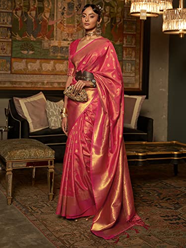 AKHILAM Women's Silk Blend Woven Design Saree With Unstitched Blouse Piece (Pink_KARNAZ256003_RJ)