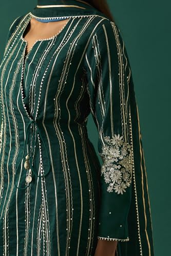 Wishful Women's Green Striped Embroidered Angrakha Kurta with Trouser and Dupatta Set - (SP12864-401158-XXL)