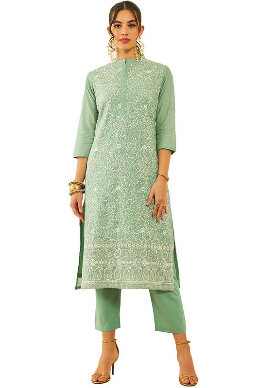 Soch Womens Sea Green Chanderi Chikankari Embroidered Suit Set With Sequins