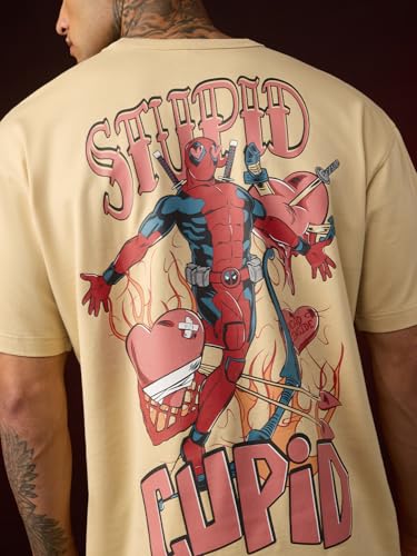 The Souled Store Deadpool: Cupid Men and Boys Short Sleeves Round Neck Beige Graphic Printed Casual Lightweight Drop Shoulder Streetwear Trendy Oversized T-Shirt