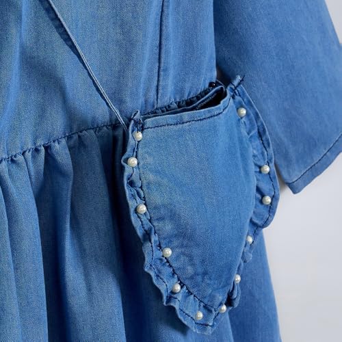 Hopscotch Girls Blue Full Sleeves Beads Embellished Dress with Bag for Age (3-4 Years)