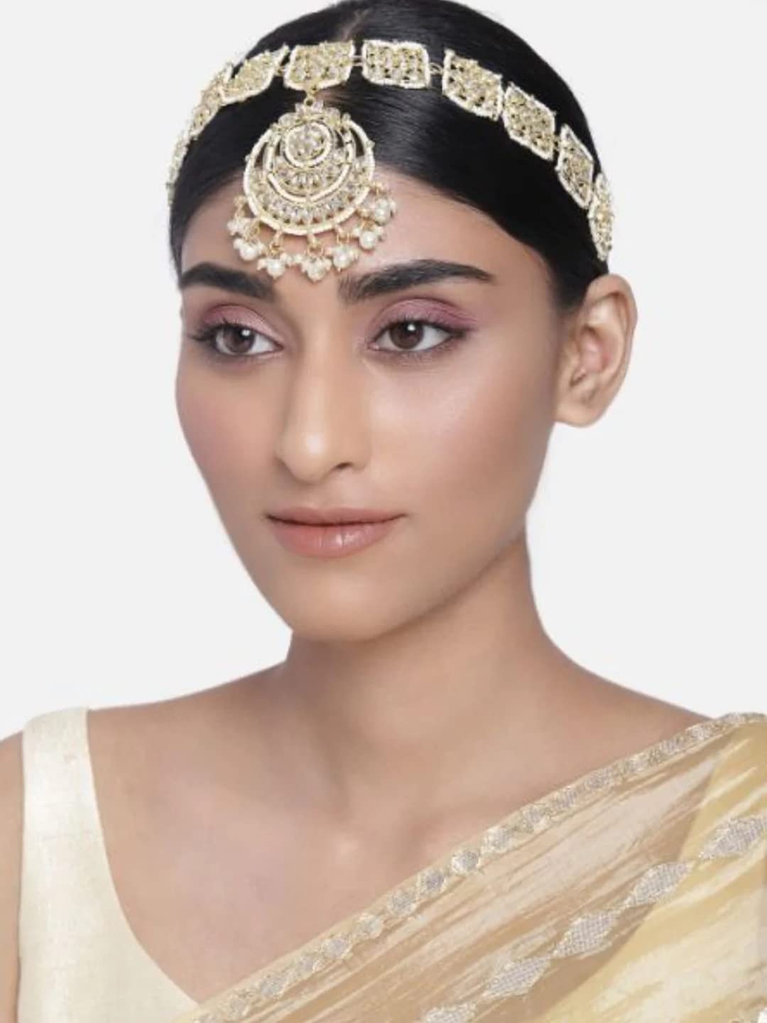 Peora Gold Plated Traditional Kundan Pearl Studded Rajasthani Sheeshpatti Sheeshphool Mathapatti Jewellery for Women