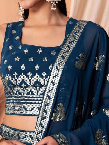 Zeel Clothing Sequins Thread Embroidered Work Pure Georgette Semi Stitched Lehenga Choli With Dupatta (5117-Blue-Women-Lehenga-Choli-Latest; Free Size)