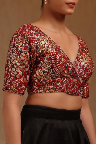 Soch Womens Red Georgette Embroidered Padded Blouse with Sequins