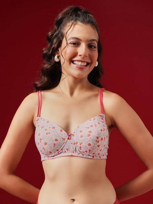 Clovia Women's Printed Padded Non-Wired T-Shirt Bra with Adjustable Satin Dual Straps - Pink