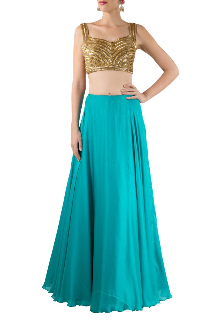 mapxencaRS Blue Satin silk skirt with fully embroidered choli & textured pink gold duppatta