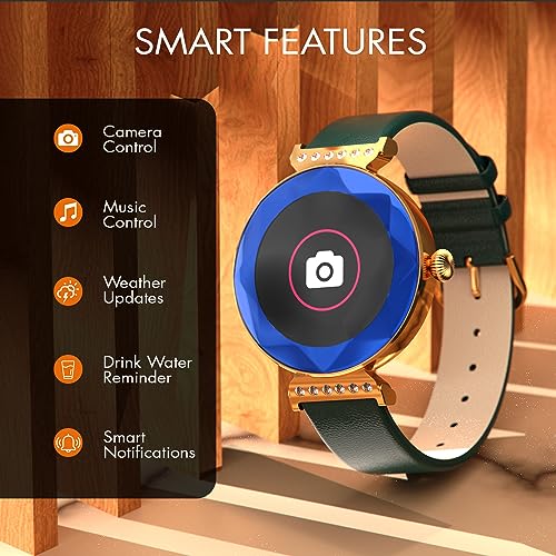 Fire-Boltt Emerald Gemstone-Studded Diamond Cut Smart Watch with 1.09” HD Display, Multiple Sports Modes, Health Suite, Wireless Charging, IP68 with Additional Stainless Steel Strap (Blue)