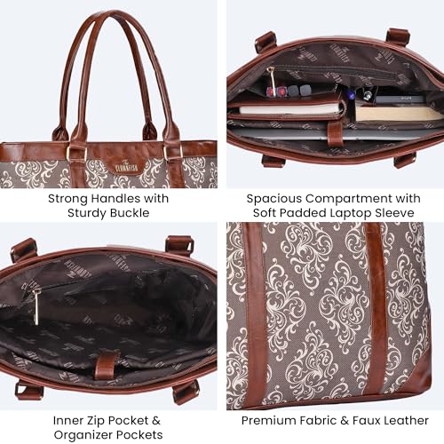 THE CLOWNFISH Miranda Series 15.6 inch Laptop Bag For Women Printed Handicraft Fabric & Faux Leather Office Bag Briefcase Hand Messenger bag Tote Shoulder Bag (Brown)