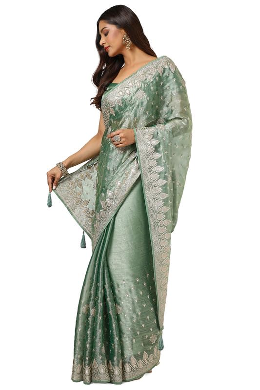 Soch Womens Light Green Organza Embroidered Saree With Stone Work