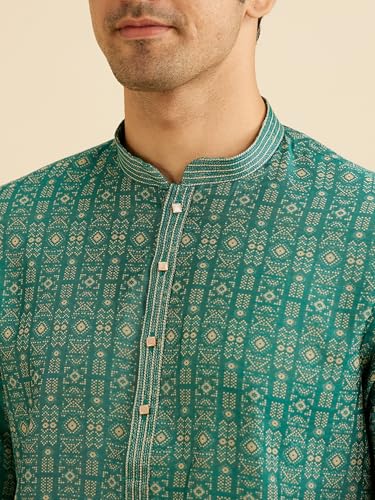 Manyavar Men's Cotton Blend Printed Kurta Set (Green,XXL)