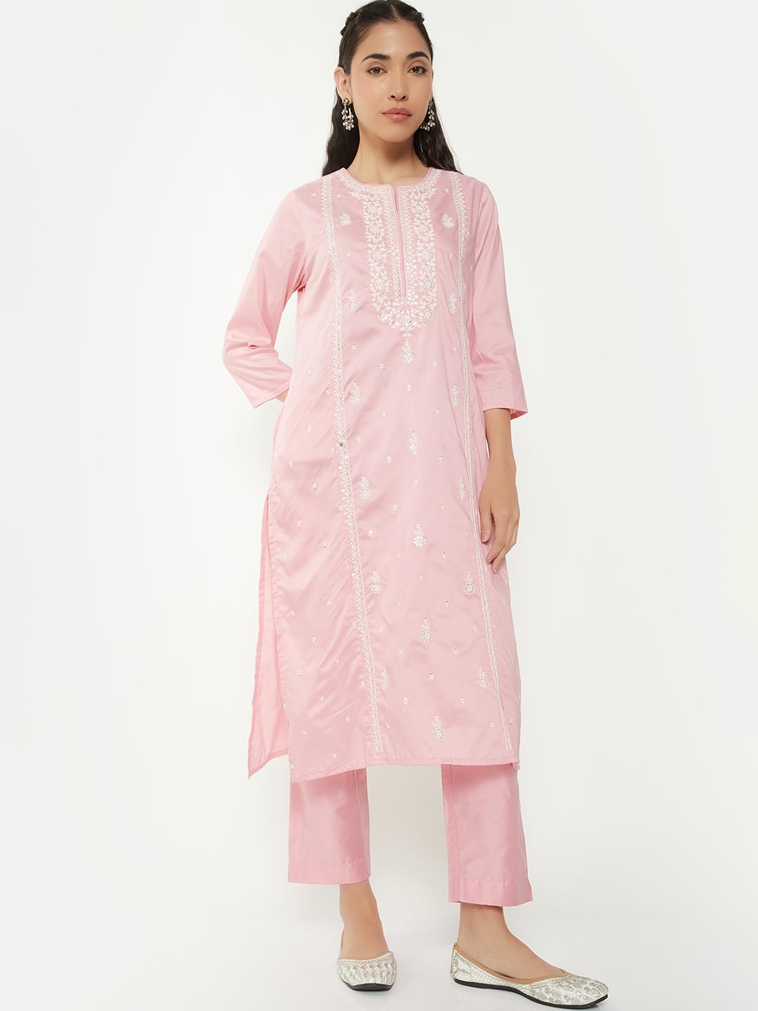 Max Women Embroidered Straight Kurts Set (Pink_XL)