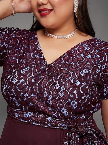 Miss Chase A+ Women's V-Neck Short Sleeve Self Designed Lace Overlaid Maxi Dress (APSS22D13-62-713-07, Cabernet Wine, 2XL)