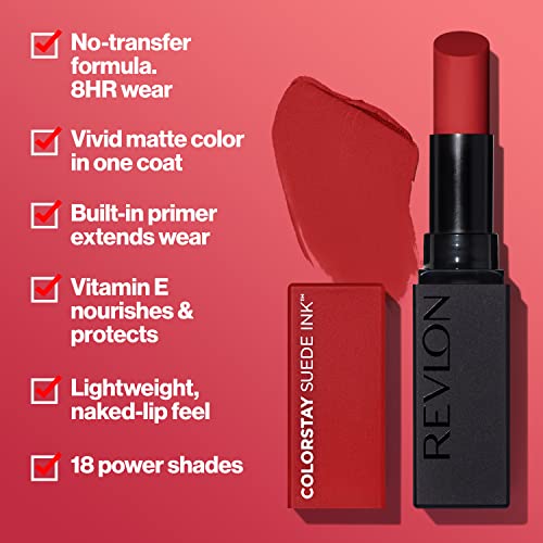 Revlon Lipstick, ColorStay Suede Ink, Built-in Primer, Infused with Vitamin E, Waterproof, Smudge-proof, Matte Color, 004 Pure Talent, 2.55 g