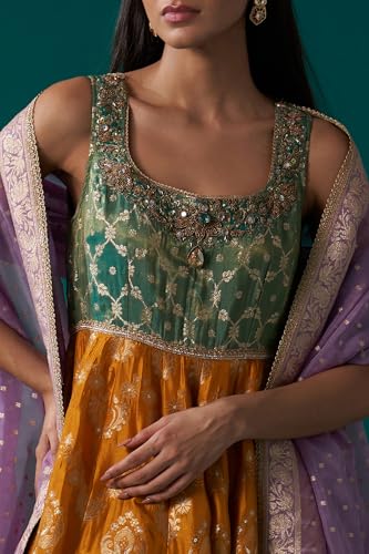 Wishful Women's Yellow and Green Zardozi Embroidered Jacquard Anarkali Kurta with Churidar and Dupatta Set (SP12840-314439-L)