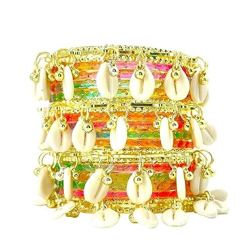 BANGLESKART 16pc Glossy Multi Set Kashmiri Ghunghroo Bangles Cowrie Shell Kaudi Glass Churi Haldi Jewelry Women Multicolor
