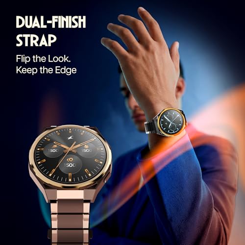 Fastrack Marvellous FX3 Smartwatch with 1.43” AMOLED Display, Metal Case & Strap, Slim 10.4mm Design, AI Watchfaces, BT Calling, HRM, SpO2 & Sleep Tracking, IP68, Additional Silicone Strap - Brown