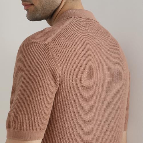 Park Avenue Men Slim Fit Structure Pattern Pure Cotton Half Sleeve Polo Neck Casual T-Shirt (Size: 40)-PCKB01463-E4 Medium Orange