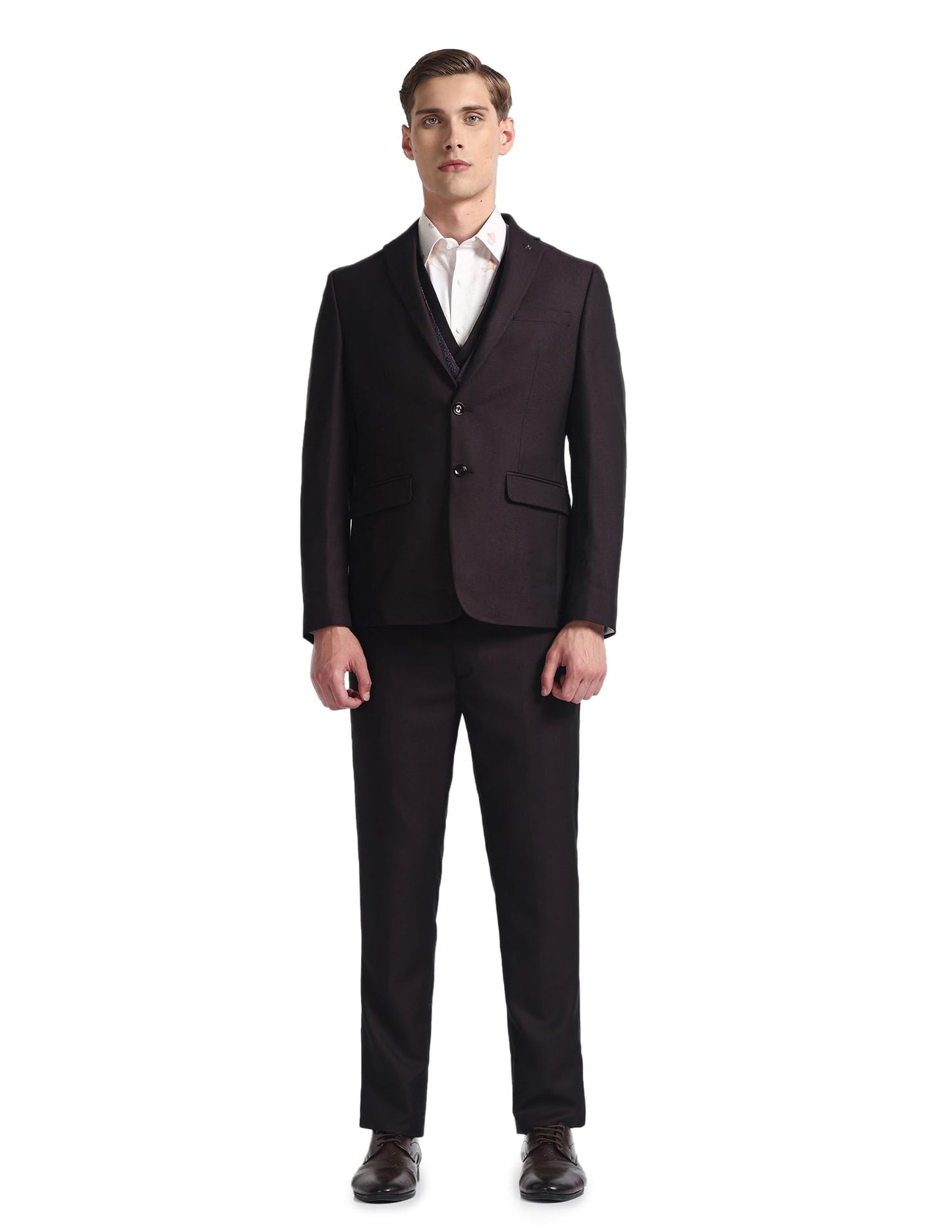 Arrow Men's Polyester Single Breasted Business Suit Pants Set (ARAHSU5558_Wine