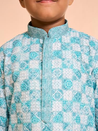 Manyavar Boys Cotton Blend Printed|Embroidery Kurta Pyjama Set (Aqua Green,8-10Y)