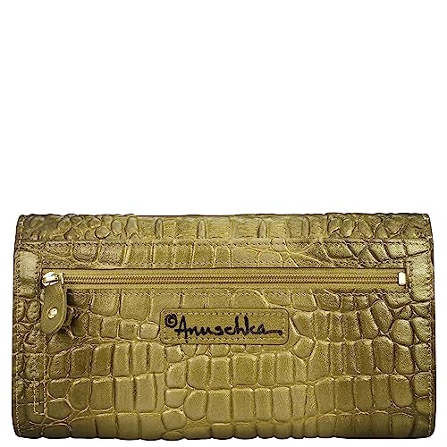 Anuschka Women’s Hand-Painted Genuine Leather RFID Blocking Three Fold Wallet - Croc Embossed Desert Gold