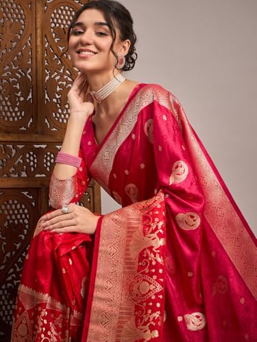 AKHILAM Women's Pink Satin Silk Ethnic Motif Printed Saree With Unstitched Blouse Piece (RNGREET101_HS)