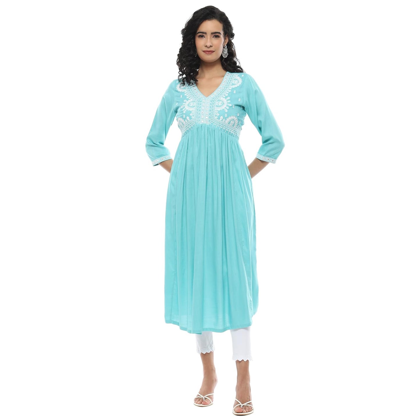 Rangriti Women Viscose Embroidred Tiered Dress Ankle Length Casual SUMMERHUES19077SS24CYNBLU_Blue