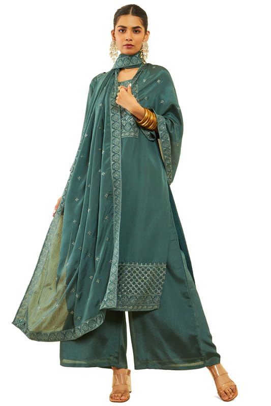 Soch Womens Green Chinon Embroidered Suit Set With Sequins