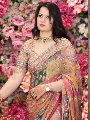 Kryone Collection Printed Chinon Silk Saree with Zari Woven Mirror Work and Unstitched Blouse Piece for Women Traditional Party Ethnic Wear Saree