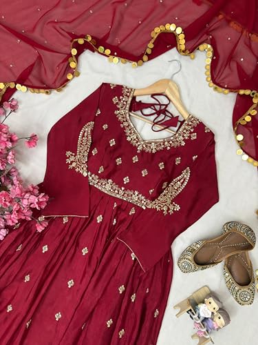 styledaura Women Chinon Silk Embroidered Anarkali Gown with Dupatta | Sequins & Zari Work | Fully Stitched Ethnic Wear | Long Flared Dress (Size-M, Maroon) (in, Alpha, XL, Regular)