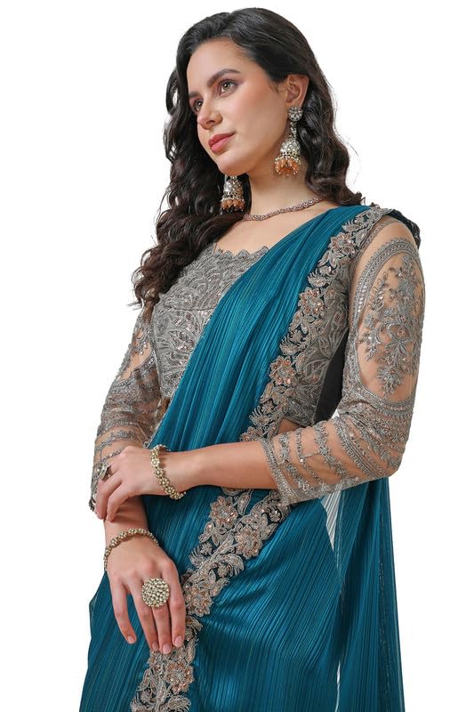 Soch Womens Teal Striped Chiffon Saree Sequins Border