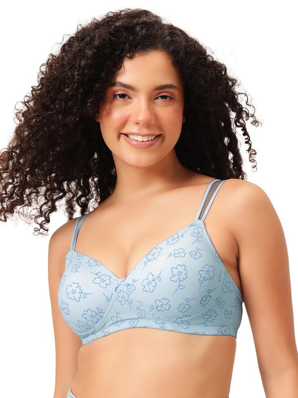 Clovia Women's Printed Non-Wire Padded Full Coverage T-Shirt Bra (BR1067F03_32D_Blue)