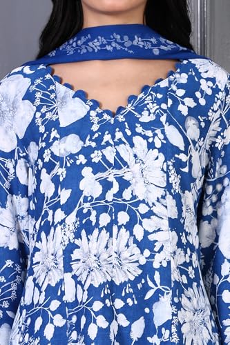 W for Woman Blue Floral Printed Lace Rayon Flared Kurta, Pants and Dupatta Set (Size: M)-WS13005-125923