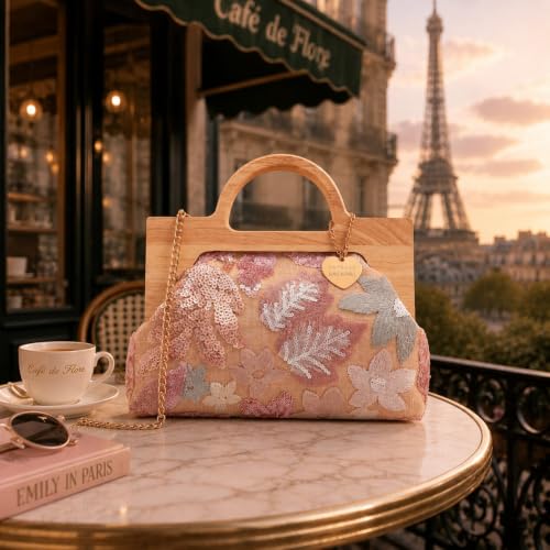 Caprese Emily in Paris Riyo Embroidered Clutch for Women | Medium Handheld Bag with Chain Strap | Faux Leather Evening Clutch | Kiss-Lock Closure | Metal Charm