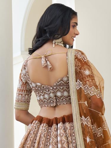 Zeel Clothing Women's Thread Sequins Work Embroidery Net Lehenga Choli with Dupatta (2132-Brown-Wedding-Women-Lehenga-Choli; Free Size)